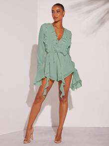 L'Amorae 女式纯色荷叶边领口喇叭袖前系带连体裤 - 薄荷綠 - 查看 4