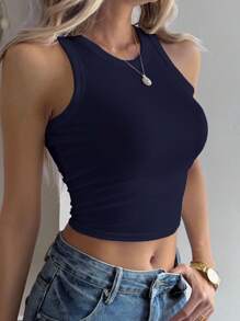 DAZY Women's Slim Fitted Solid Color Tank Top, Summer - Navy Blue - View 4