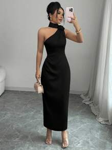 SHEIN PETITE 缎面缎杏色春夏法式优雅度假褶皱腰修身连衣裙，无袖不对称系带下摆时尚设计迷人 - 黑色 - 查看 4