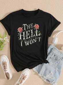 INAWLY Plus Size Summer Casual Slogan Print Short Sleeve T-Shirt