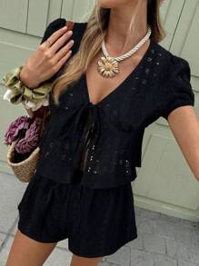 Serisse 2pcs/Set Women Summer Textured Tie-Front Puff Sleeve Shirt And Shorts Set Black Black - Black - View 5