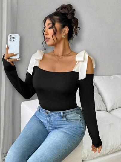 Elenzga Plus Size Women's Elegant Knit Long Sleeve Off Shoulder Big Bow T-Shirt
