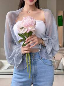 DAZY Solid Open Front Flare Sleeve Top Without Tube Top,Ruffle,Back To School Clothes Long Sleeve Women Tops - Blue - View 8