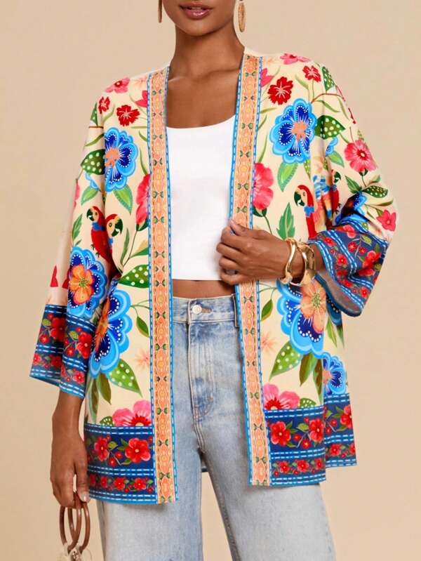 Travachic Women's Casual Vacation Floral Print Shirt, Floral Kimono, Boho Kimono Cardigan, Summer Kimono Cardigan, Kimono Cardigan Women, Vacation Casual Floral Print Kimono, Beach Outfits For Woman,Boho, Rave Outfits Festival,Vacation,Vacation Style, Parrot Kimono