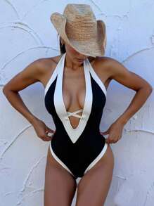 Bonvoyette 1 pieza Traje de baño elegante de una sola pieza para mujer, color negro y blanco en contraste, con tirantes y espalda descubierta, estilo de vacaciones de verano
