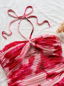 Soleia Vestido bohemio corto de mujer con estampado floral de teñido anudado, cuello de halter, cintura con lazo, para la playa, temporada de bodas, vacaciones, festivales de música, verano - Blanco - Ver 4