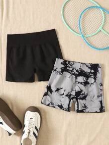 SHEIN 2 Pieces Set Tween Girl Seamless Jacquard Tie-Dye Sport Shorts