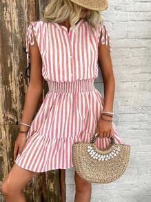 Breezaya Women Summer Blue & White Striped Shoulder Ruffle Bowknot Cinched Waist Cotton Dress