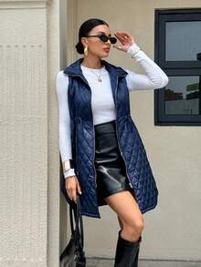 SHEIN Essnce 女士纯色拉链前抽绳腰部无袖休闲冬季夹克 - 銀色 - 查看 4
