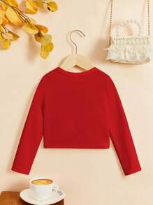 SHEIN Young Girl Young Girl Casual Solid Color Knitted Zip-Up Cardigan Jacket,In Fall/Winter - Red - View 2