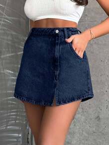 EURMUSE 100%Cotton Rigid, Slit Detailed Skort Fit - Dark Wash - View 5