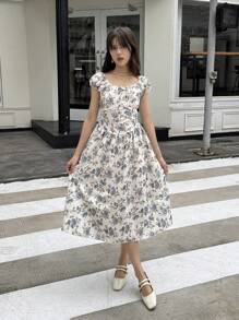 Vital Girl Must-Have! Lightweight Woven Fabric Gorgeous Floral Print Dress For Summer, Fitted Silhouette With Flowy Skirt, Embodies Girls' Unique Personalized, Suitable For Outings, Gatherings And Vacations