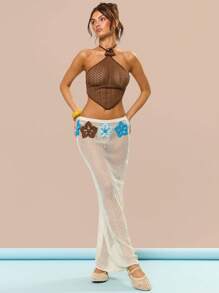 MUSERA Floral Applique Crochet Fitted Maxi Skirt Cover Up Swim Beach Summer Vacation Holiday Festival Cute Casual Elegant Tuscan Sun