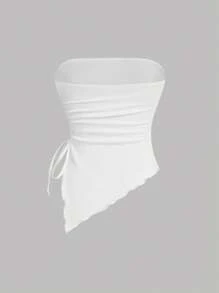 SHEIN MOD Áo thun bó sát hở vai không đối xứng, dây rút, thích hợp cho mùa hè, họa tiết hoa, họa tiết Hawaii - Nhiều màu - Xem 2