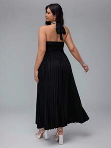 Flirla Plus Size Tie Bow Contrast Color Block Ruched A-Line Elegant Vacation Party Club Little Black Dress - Black - View 2