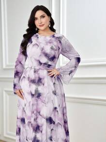 Modelyn 大码女式春秋花卉印花喇叭袖修身腰连衣裙 - 淡紫色 - 查看 5