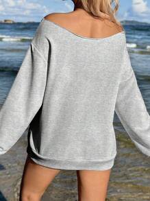 SHEIN EZwear بلوزة رياضية كاجوال واسعة القبة ذات أكمام طويلة لون رمادي فاتح مناسبة للنساء، بنمط السلحفاة ،أسلوب كاجوال رجعي، مناسبة للشاطئ وحفلات الموسيقى والعطلات والأجواء الحيوية لفتيات ميامي