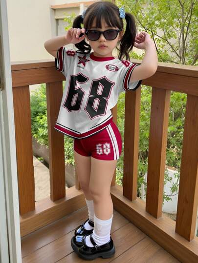 SHEIN 2pcs/Set Girls Casual Short Sleeve Top And Shorts Set, Suitable For Summer Girls Summer Outfit Set Girls Sporty 2 Piece Set Kids 2 Piece Clothing Set Girls Athletic Set Back To School Outfit