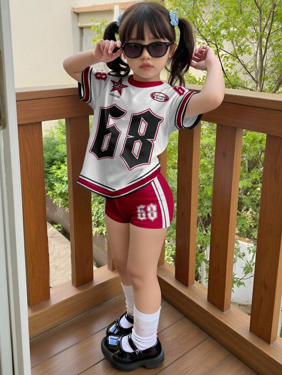 SHEIN 2 件套女童休闲短袖上衣和短裤套装，适合夏季 - 彩色 - 查看 1