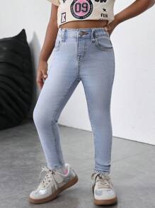 Jeans skinny bleus extensibles pour jeunes filles, tenue de vacances décontractée de printemps et d'été dans un style boho chic