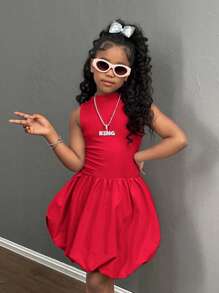 SHEIN Tween Girls Casual Floral Babydoll Dress, Fashion Streetwear Daily Versatile Red Dress Girls Dress Red Bubble Dress Girls Red Dress Dress With Back Cutout Red Girls Dress Cutout Dress