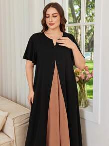 SHEIN Lacomfia 大码女式撞色V领荷叶边短袖休闲连衣裙 - 彩色 - 查看 5