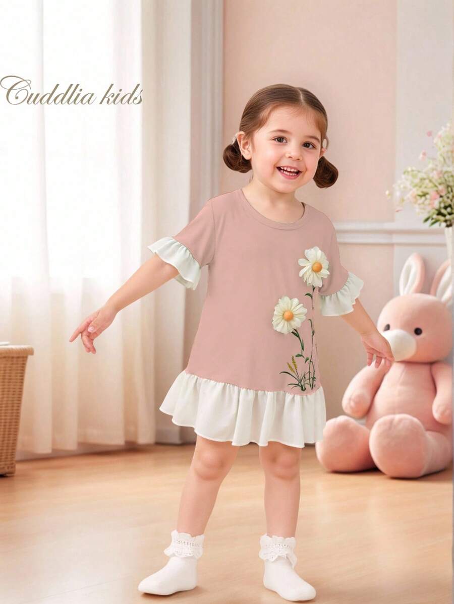Baby Mädchen grünes minimalistisches Blumen Ärmel und Rock Patchwork Chiffon Design Lässig Nachthemd Nachtwäsche - Pink - Übersicht 1
