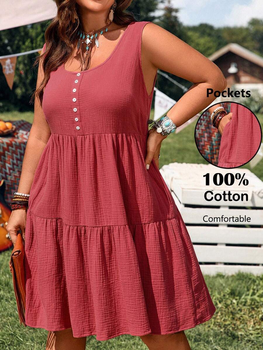 EMERY ROSE Vestido rojo corto de verano sin mangas de cuello redondo para mujer talla grande - Color caoba - Ver 1