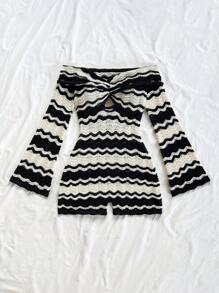 Soleia New Autumn/Winter Back To School, Vacation, Beach Wedding Guest, Graduation, Brunch, St. Patrick's Day, Spring Break, Easter, Music Festival Elegant Bohemian Tropical Chic Off Shoulder Backless Cutout Sweater, Flare Sleeve, Black & White Striped Twist Knot Sweater Jumpsuit