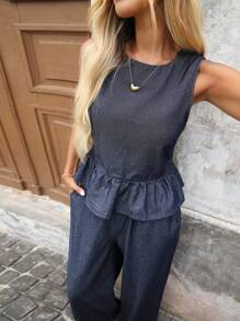 EMERY ROSE Women's Ruffle Hem Round Neck Sleeveless Top And Denim Pants 2 Piece Set