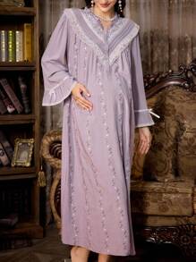 PalaceNights Maternity Heavily Embroidered Ruffled Hem Vintage Palace Style Super Loose Pregnancy Nightgown, For Fall, Winter - Mauve Purple - View 1