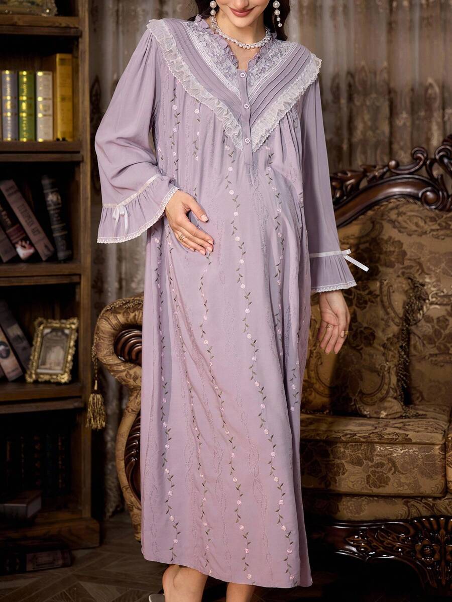 PalaceNights Maternity Heavily Embroidered Ruffled Hem Vintage Palace Style Super Loose Pregnancy Nightgown, For Fall, Winter - Mauve Purple - View 1