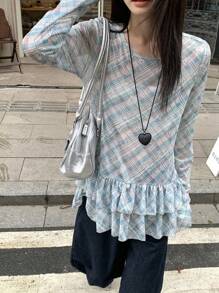 DAZY Women's Round Neck Grid Pattern Mesh Long Sleeve Casual Knit T-Shirt