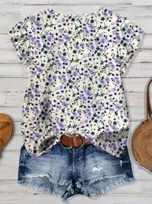 Linhara Plus Size Women's Summer Floral Print Round Neck Ruffle Trim Short Sleeve Blouse - Multicolor - View 2