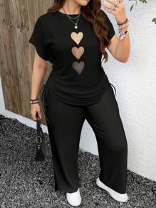 EMERY ROSE Set de 2 piezas talla grande con estampado de corazón texturizado y estampado de leopardo, conjunto cómodo y casual adecuado para el verano - Negro - Ver 5