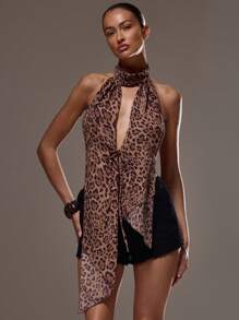 MUSERA Top sin mangas con estampado de leopardo, cuello halter, con doble lazo delantero y drapeado, para verano, festivales, vacaciones, look lindo y sexy, estilo vaquera, primavera, Ibiza, salir, club
