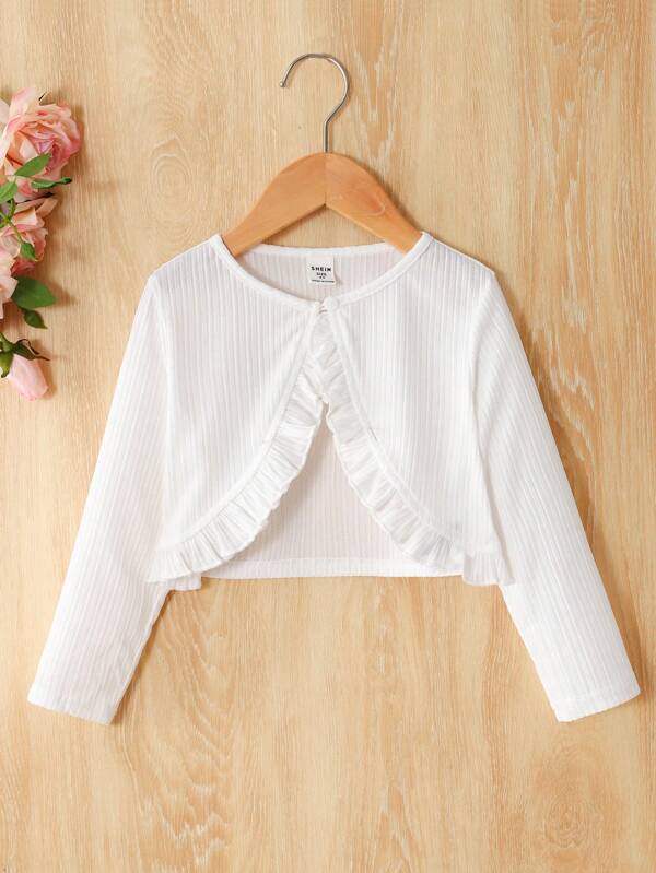 SHEIN Young Girl Cute Ruffle Trim Solid Color Short Cardigan, Casual Everyday Wear For Autumn Girls Ruffle Top Girls White Bolero
