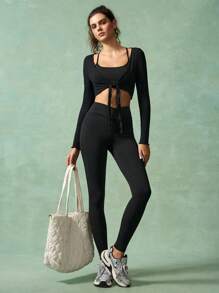 VARSIVA Conjunto de mujer de top corto de tirantes de unicolor y pantalones de manga larga para hacer ejercicio - Negro - Ver 2