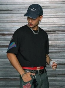 AXEPEAK Loose Fit Men Cotton Reflective Letter Graphic T-Shirt - Black - View 5