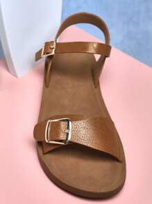 Mini mi 时尚女孩棕褐色带扣露趾平底凉鞋 - 俏皮又舒适 - 棕色 - 查看 4