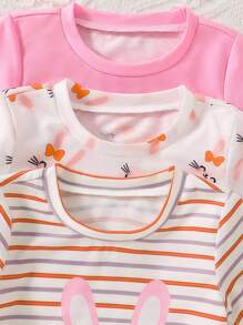 SHEIN Playful Pals Bộ 6 món/Bộ đồ sơ sinh cho bé gái từ 0-3 tuổi, Bộ sưu tập xuân hè, Áo phông thiết kế hình thỏ dễ thương & Quần short sọc - Nhiều màu - Xem 6