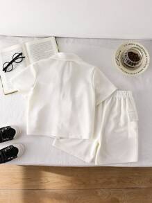 2 peças/Conjunto Camisa Casual com Gola e Estampa de Letra + Shorts com Bolso para Meninos, Adequado para Uso Casual e Escolar - Branco - Visão 2