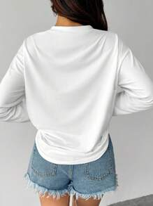 Camiseta de manga larga holgada con cuello en V, hombros caídos y estampado numérico para mujer, estilo casual - Blanco - Ver 2