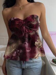 SHEIN EZwear Women's Casual Ruched Chest Drawstring Tied Babydoll Tube Top, Suitable For Summer, Vintage Style, Color Options: Burgundy, Paisley Print Suitable For Going Out - Multicolor - View 6