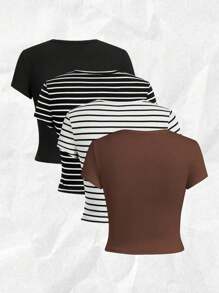 SHEIN EZwear 4pcs/Set Casual Minimalist Solid Color Versatile Round Neck Short Sleeve Fitted Cropped Women T-Shirts, Striped Fabric, Suitable For Daily Wear