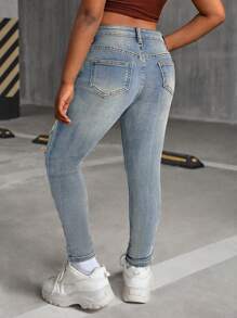 少女时尚休闲复古Y2K镂空破洞磨边设计舒适宽松柔软蓝色弹力修身牛仔裤，适合少女日常穿着，也适合秋季、冬季穿着，是返校、返校节、锐舞派对、音乐节和海滩活动的理想选择。 - 藍色 - 查看 2