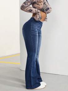 SHEIN PETITE Women's Frayed Hem Casual Versatile Daily Wear Flare Jeans - Blue - View 2