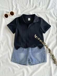 Vintaside Kids 男婴休闲有领 Polo 衫和时尚水洗牛仔短裤套装，适合日常穿着、露营、用餐、购物 - 黑色 - 查看 7