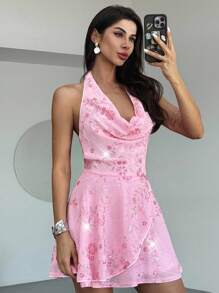 Firerie Women's Pink Floral Sequin Dress,Summer Girly Night Out Bodycon Backless Draped Neck Beaded Floral Embroidery Elegant Party Music Festival Dress - Pink - View 2