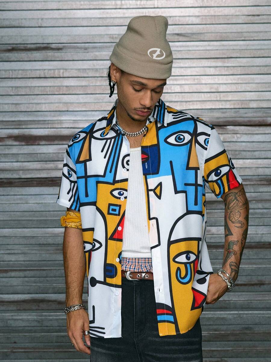 AXEPEAK Camicia a maniche corte da uomo con stampa di motivi geometrici e occhi, camicia casual urbana con bottoni e grafica